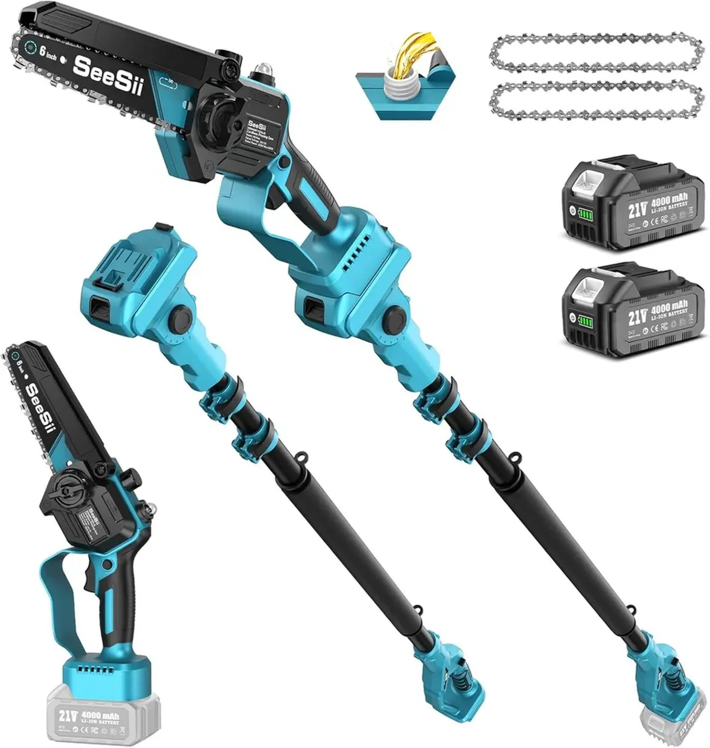 SEESII Tronçonneuse Téléscopique 2-en-1 & Mini, Élagueuse Électrique Sans Balais 6 Pouces, Alimentée par Batterie avec Poteau Extensible et 2 Batteries 4000 mAh