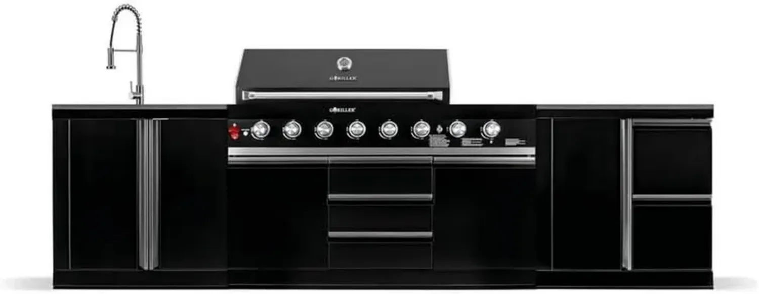 Cuisine Extérieure XXL GORILLER® M4: Barbecue à Gaz avec Évier, Plan de Travail et Rangement, Acier Inoxydable Noir