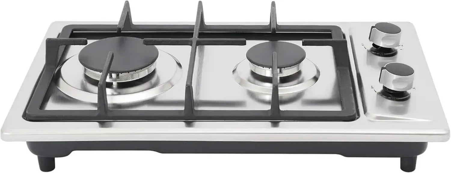 Réchaud à gaz portatif 2 brûleurs avec valve de sécurité, adaptateur inclus, tube de 1,3 m, dimensions 51 x 31 x 10 cm, puissance totale 4,75 kW